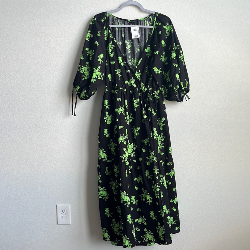 RARE ASOS DESIGN balloon sleeve long dress tie front lime green black wrap US 4